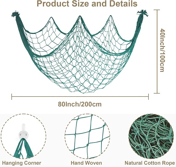 2 Pack Fish Net Decorations - 80x40 Inch Aqua Fishing Net Decor for Under The Sea Hawaiian Beach Themed Party, 3mm Thick Natural Cotton Versatile Nautical Netting for Party Wall Table Ceiling Decor