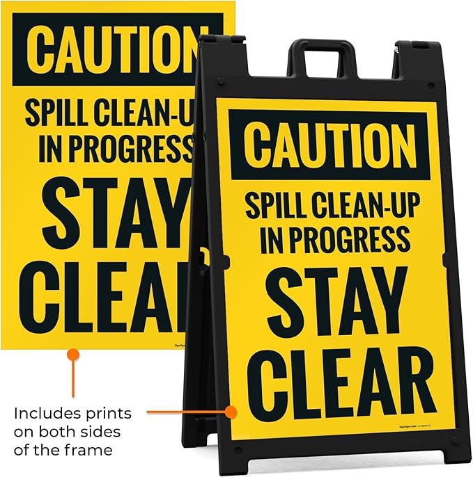 Caution Spill Cleanup in Progress Stay Clear Sidewalk Sign Kit, 24x36 Inches, with A Frame Stand, Made in USA