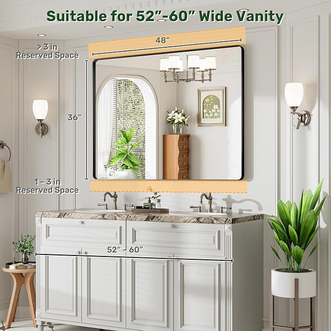 48X36 Black Bathroom Mirror for Over Sink, Metal Framed Vanity Mirror Wall Mounted, Rectangle Mirror for Bedroom Living Room Restroom Entryway, Anti-Rust, HD Tempered Glass