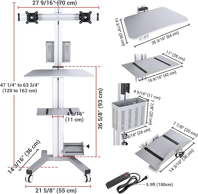Yescom Mobile PC Stand Workstation with 2 Poles Dual Monitor Mount for 32" Screen Sliver