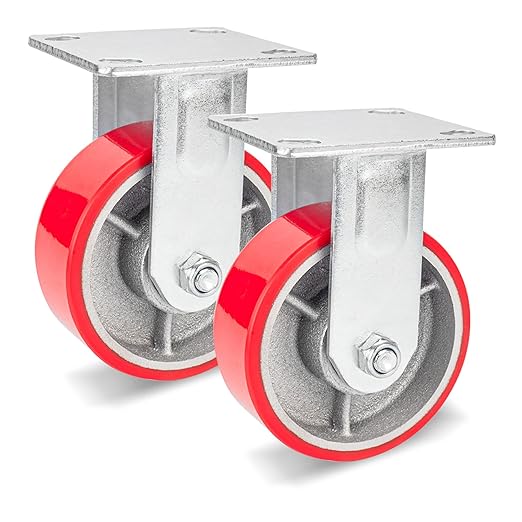 Nefish 5 Inch Industrial Fix Casters, Heavy Duty Plate Caster with No Noise Polyurethane Wheel on Steel Hub, 1000 Lbs Load Capacity Per Rigid Casters for Utility Cart, Dollies (2 Pack)