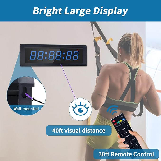 Gym Timer Clock with Remote Control & Push Button,7 RGB Color, Programmable Interval Timer, Countdown/Up Stopwatch,Wall Clock for Home Gym Garage,Portable Training Accessories(Battery)