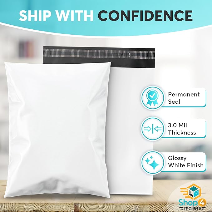 Shop4Mailers 12x15.5 Heavy Duty Thick Large Shipping Poly Mailer Bags, Waterproof and Tear-Resistant Postal Package Envelopes 3 Mil, Permanent Adhesive Seal (1000 Pack)