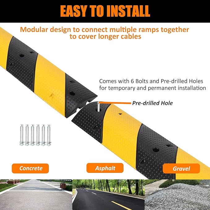 39.4" Rubber Speed Bumps 2 Pack - Heavy Duty Driveway & Parking Cable Protector Ramps, 2-Channel Modular Design for Asphalt & Gravel Roads, Includes 6 Bolts & Spikes