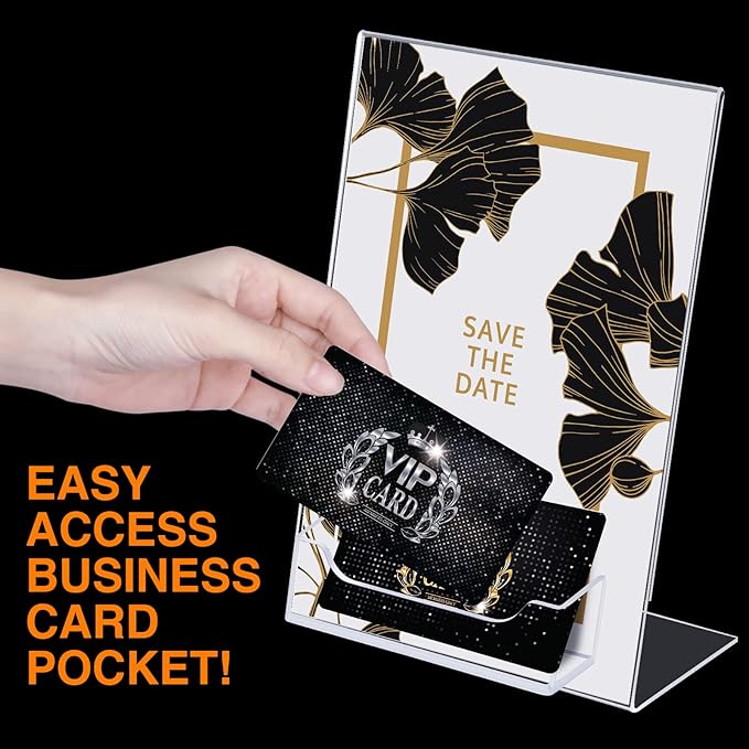 Remerry 12 Pcs Acrylic Sign Holder with Business Card Holder Slanted Paper Stand Clear Brochure Display Stand Heavy Duty Plastic Signs for Office Table Advertisement Flyer (5 x 7 Inch)