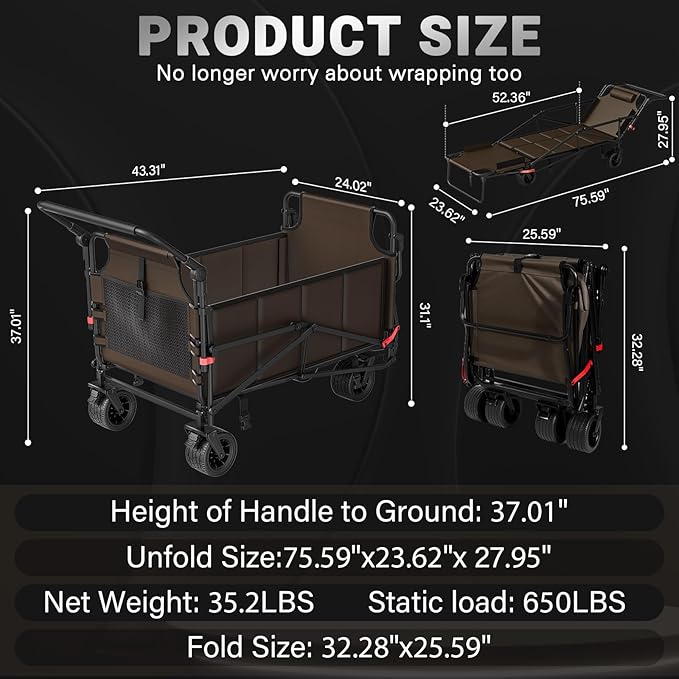 LEVELEVE Heavy Duty Folding Wagon - 2-in-1 Collapsible Cart, 650lb Capacity, All-Terrain Wheels w/Brakes & Side Pockets