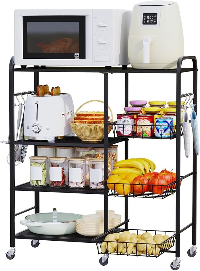 HapiRm Rolling Kitchen Microwave Cart - 4 Tier Microwave Table Stand with Pull-Out Baskets, Coffee Bar Baker's Rack with Wheels Rolling Storage Cart Organizer Shelf for Living Room Office, Balcony