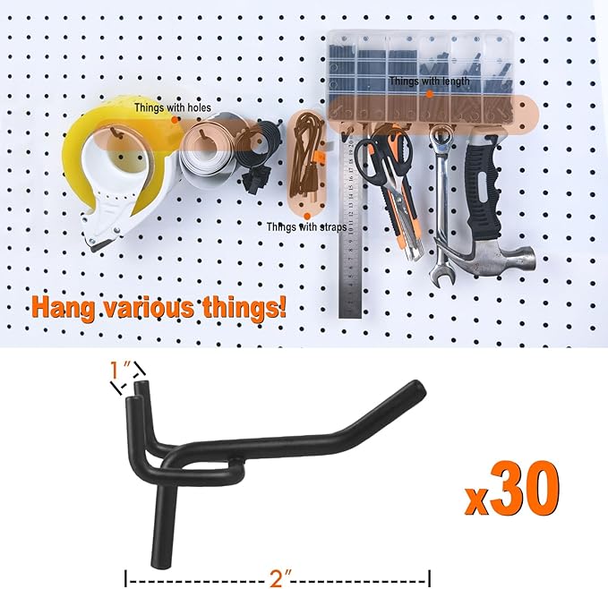 G.CORE Pegboard Hooks Accessories - 30pcs 2inch Metal Peg Board Tool Hangers, Fits 1/8 1/4 Pegs Slots, Pegboard Wall Organizer Shelving Racks, Hanging Display Storage Holders for Garage Craft Office