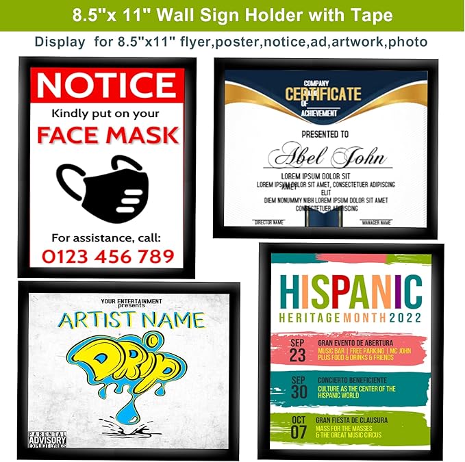 8.5" x 11" Acrylic Sign Holder Wall Mount, Acrylic Wall Sign Holder With Tape,Clear Plexiglass Self-adhesive Plastic Display Frame, Door/Window Sign Holder 12 pack No Drilling