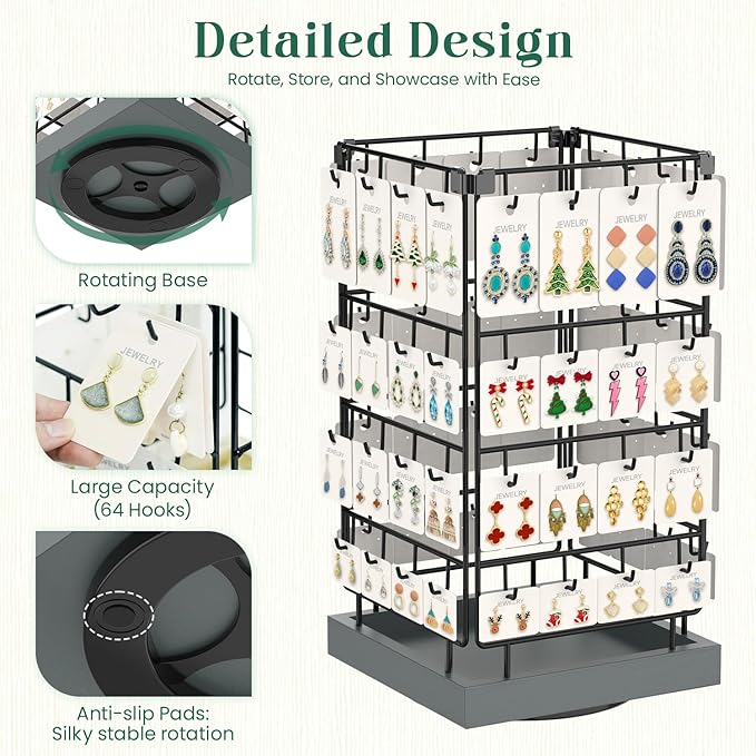 EsLuker.ly Rotating Earring Display Holder Stand for Vendors Events Selling, Large Capacity 64 Hooks Jewelry Rack with Wooden Base for Earring Card Sales, Enhances Retail Visibility(Dark Grey)