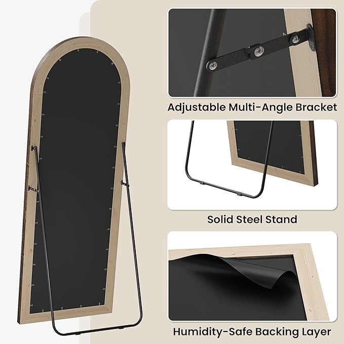 Arched Full Length Floor Mirror 63"x21", Triple-Layer Solid Wood Frame, Rustic Farmhouse Full Body Mirror with Stand for Bedroom, Entryway & Living Room, Walnut Finish