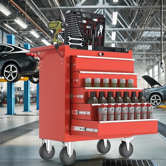5-Drawers Garage Tool Chest, Large Capacity Tool Cabinet Heavy Duty Mechanic Rolling Tool Box Metal Locking Tool Cart with Drawers and Wheels for Storage
