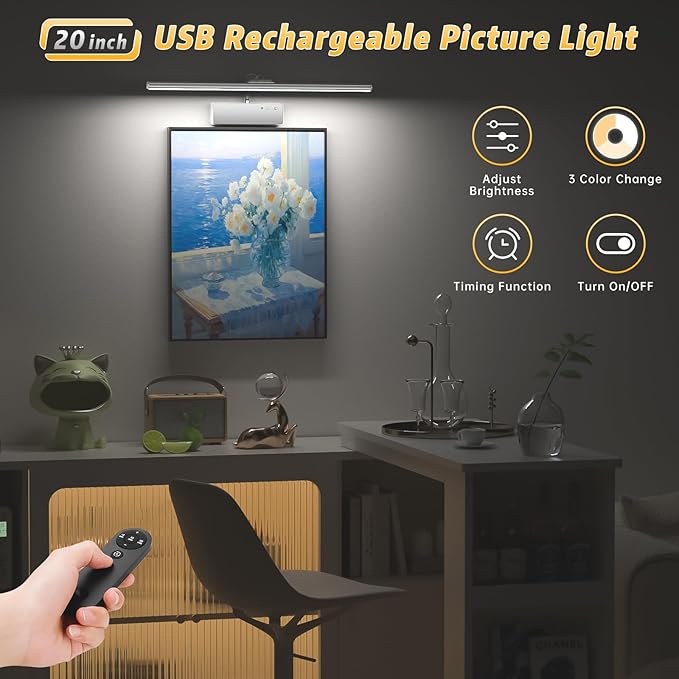 Lightbiz Picture Light, 20inch 6000mAh Rechargeable Picture Lights for Wall Battery Operated Wall Lights, 3 Colors Paintings Light Dimmable Art Light for Artwork, Gallery (Silver)