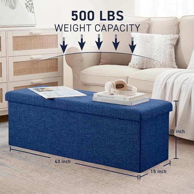 Ornavo Home 43 Inch Folding Storage Ottoman with Storage Bench, Long Large Storage Ottoman Bench, Storage Chest, Foot Rest Stool, Bedroom Bench with Storage - (Navy)