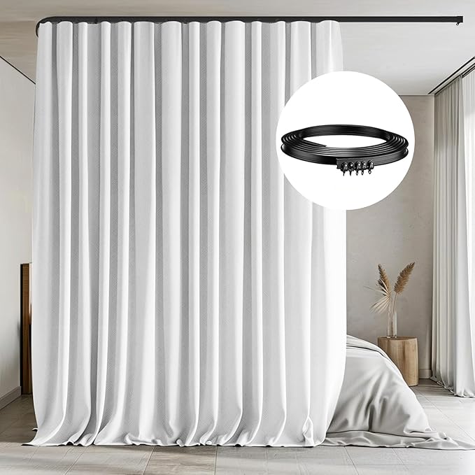 Room Divider Curtains with Flexible Ceiling Tracks Set,Blackout Curtain Ceiling Mount Curtain Track Privacy Room Dividers Ceiling Track Curtain Rod(White Drape & Black Rail W 12.5 × H 7 FT)