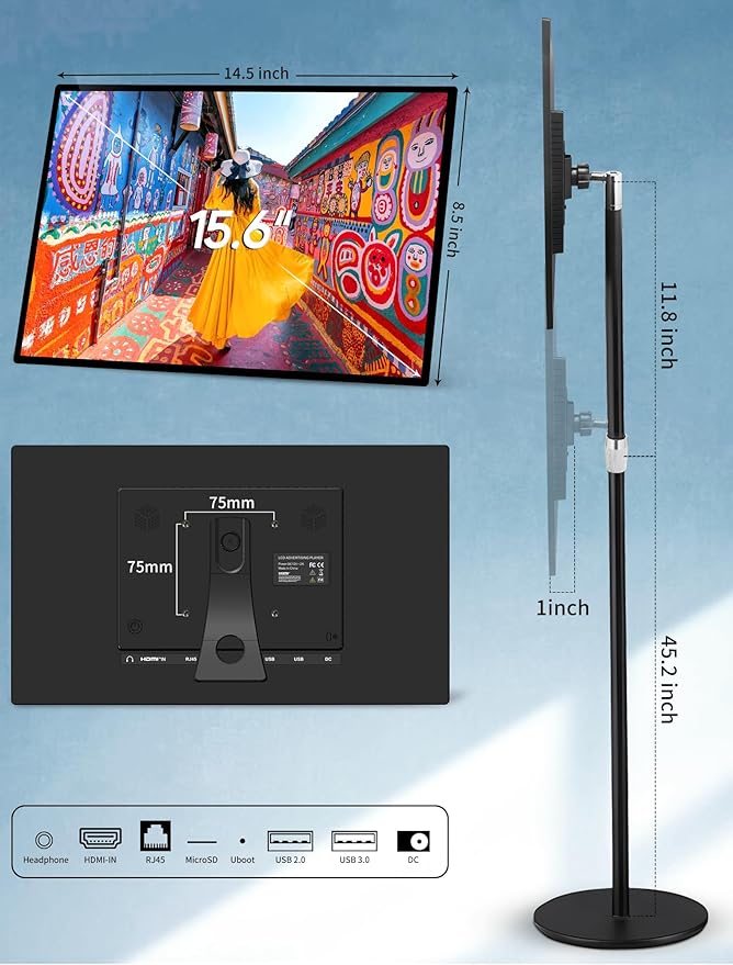 15.6" Digital Signage with Battery, Capacitive Touchscreen Advertising Display, Commercial LCD Monitor with Stand, Auto Play, Wireless Screen Mirroring, 2+32GB, Black