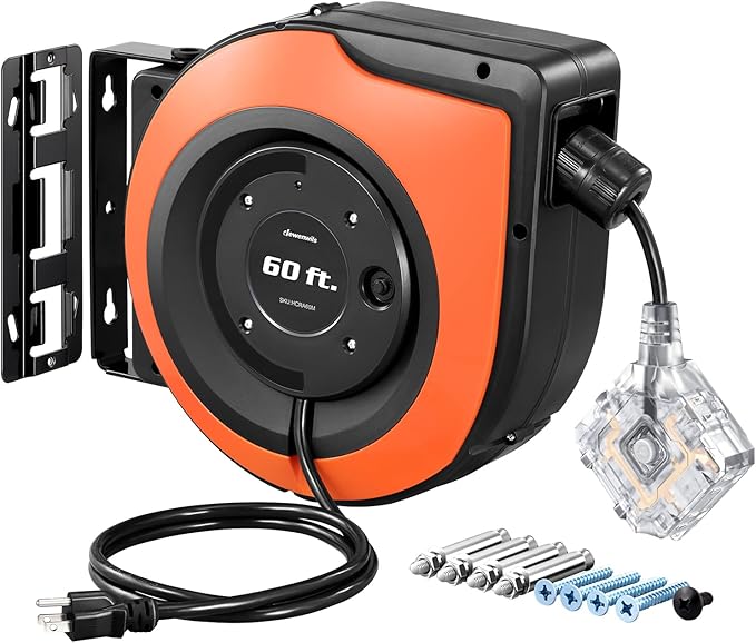 DEWENWILS 60 FT Retractable Extension Cord Reel with 6 Grounded Outlets, Twist-lock Stopper Heavy Duty Power Cord, 15A Circuit Breaker, Wall/Ceiling Mounted for Garage, Workshop, ETL Listed