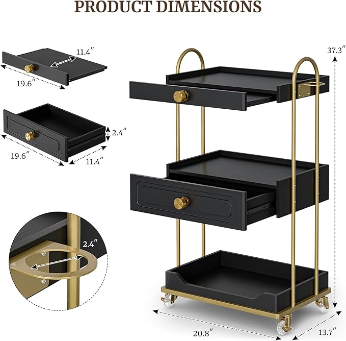 Barber Salon Trolley Cart w/Lockable Wheels, 3-Tier Rolling Beauty Cart with 2 Drawers & Dryer Holder, Mobile Beauty Trolley for Beauty Spa Barbershop(Black)