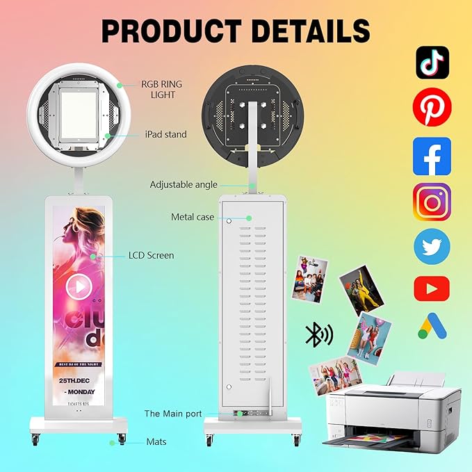 HARZHI 38'' LCD Screen Portable Photo Booth Compatible with Any Ipad, 1080P Intelligent Split Screen Ipad Photo Booth LCD for Wedding Party Software APP Control LCD Ring Light, Flight Case White