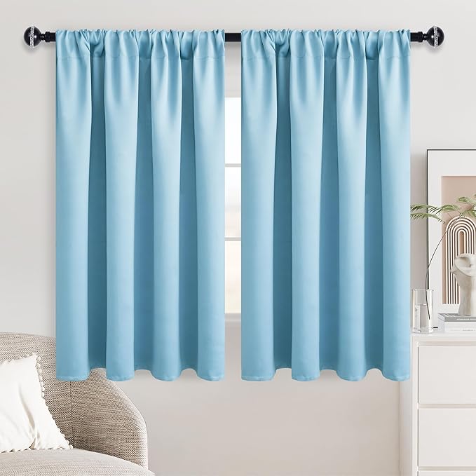 JIUZHEN Blackout Curtains for Bedroom - Thermal Insulated Noise Reducing Privacy Short Curtain for Living Room, Set of 2 Panels with Tiebacks, 52 x 54 inches Long,Light Blue