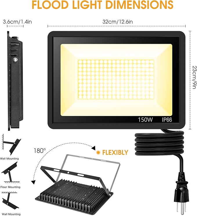 2 Pack 150W 3000K Led Flood Lights Outdoor,Warm White Super Bright 15500LM Security Lights with Plug,Exterior IP66 Waterproof FloodLight for Basketball Court, Yard, Garden, Playground