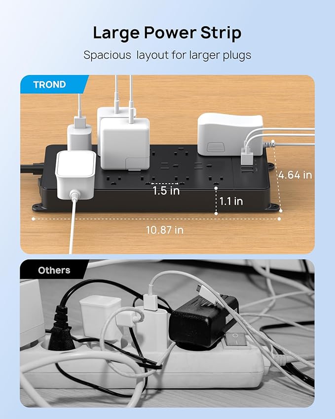 TROND Surge Protector Power Strip, 10ft Heavy Duty Extension Cord with 32W USB C & QC 3.0 Charger, 4000J, ETL Listed, 13 Wide Spaced Outlets, Flat Plug, Wall Mount for Home Office Supplies, Black