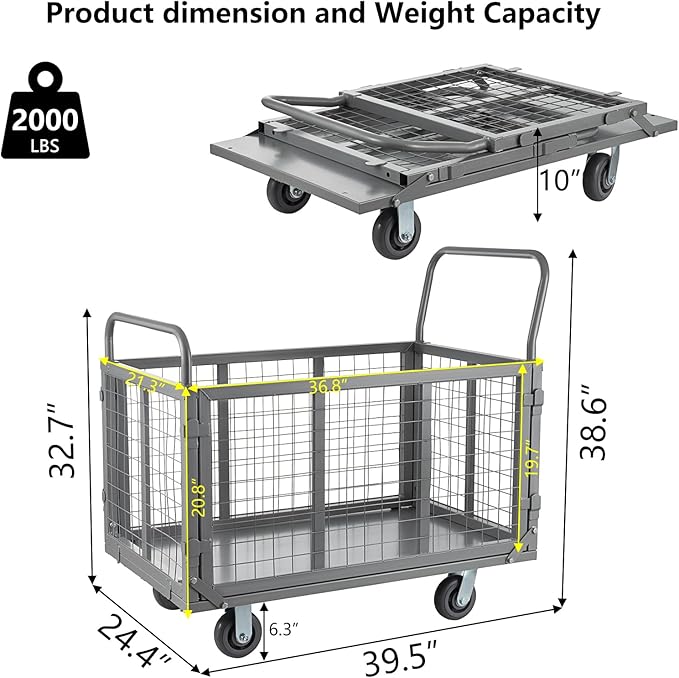 Platform Truck Cart with Cage, 5 in 1 Heavy Duty Platform Carts with Cage 2000 LBS Capacity Foldable Push Cart Dolly with 5" Casters for Groceries/Garage/Warehouse