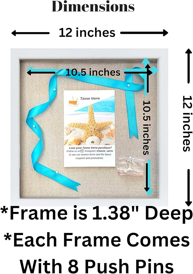 Tasse Verre 12x12 White Display Shadow Box (2-Pack) Frame w/Linen Background and 16 Stick Pins - Ready to Hang Shadowbox Picture Frame - Box Display Baby Memorabilia Wedding