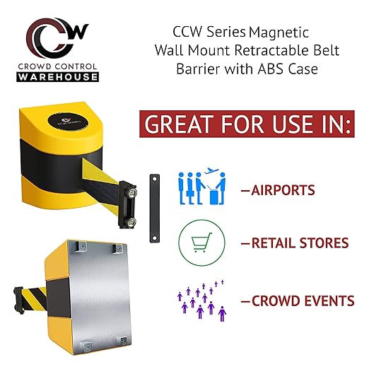 Crowd Control Warehouse - CCW Series WMB-220 Magnetic Wall Mount Retractable Belt Barrier - 15 Foot, Black Belt with Yellow ABS Case