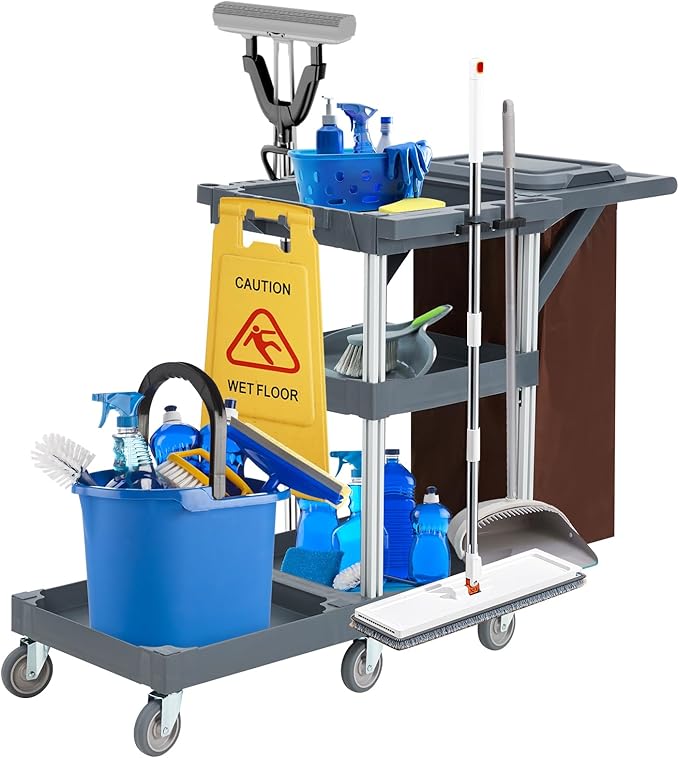 Commercial Janitorial Cart on Wheels, 3-Shelf Cleaning & Housekeeping Cart with Cover and Vinyl Bag for Hotels, Schools, and Business