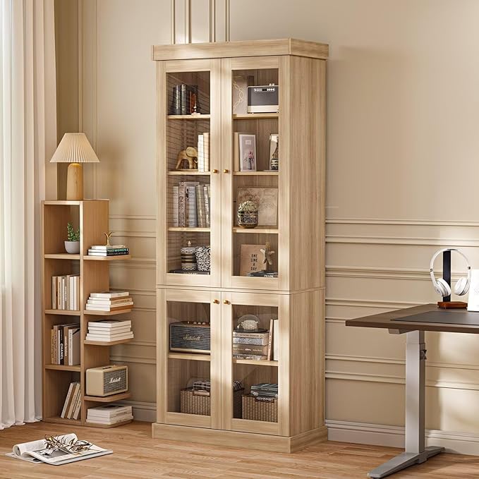 70.8" Bookshelf with Glass Doors, Farmhouse Modular Bookcase with 6-Tier Adjustable Shelves, Large Storage Cabinet for Living Room & Home Office, Set of 4, Brown