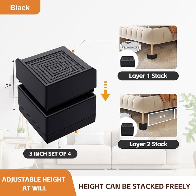 Bed Furniture Risers, Adjustable Raise Blocks, 1.5,3,4 and 6 inch Stilts Heavy Duty for Bed Couch Desk Sofa Table, Support up to 1300 Lbs (Black, 4 Pack Set)