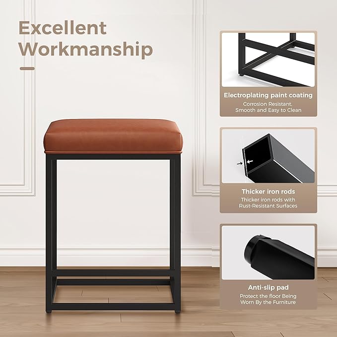 MAISON ARTS Counter Height Bar Stools Set of 3 for Kitchen Counter 24 Inch Backless Modern Barstools Industrial Upholstered Faux Leather Stools Farmhouse Island Chairs, Brown