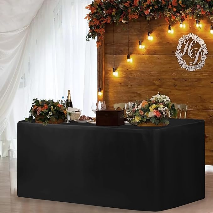 HolidayIdeas 2 Pack Fitted Tableclothes - 48 x 24 Inch - Black Rectangle Tablecloths for 4 Foot Tables, Fabric Table Cover Protector for Parties, Craft Show, Trade Show