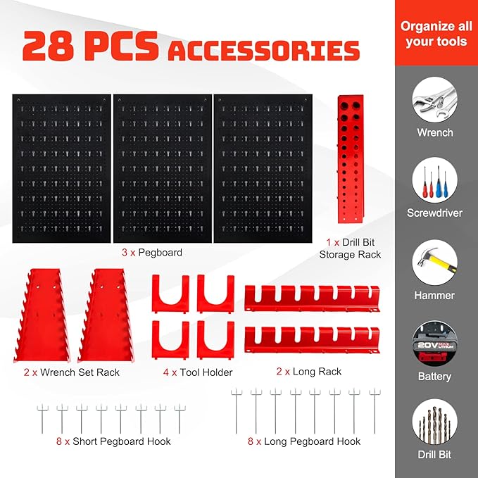 Goplus Garage Pegboard Tool Organizer, 4ft Metal Pegboard Wall Organizer w/3 Pegboards, Drill Bit Rack, Wrench Rack, Hooks Accessories, Wall-Mounted Tool Storage Peg Board for Workshop, Black