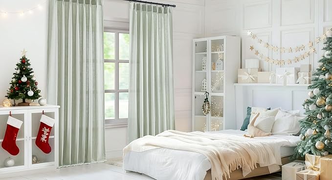 Vision Home Pinch Pleated Semi Sheer Curtains Textured Linen Blended Light Filtering Window Curtains 90 inch for Living Room Bedroom Pinch Pleat Drapes with Hooks 2 Panels 40" Wx90 L,Soft Green