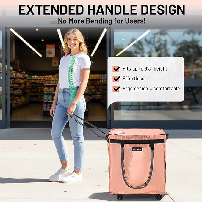 (Large) Fanwoli Reusable Grocery Bag On Wheels with Removable Liner | Wrinkle-Resistant Fabric | Enhanced Stability Wheels & Extended Handle | Foldable Shopping Trolley for Laundry, Carries Up to 130L