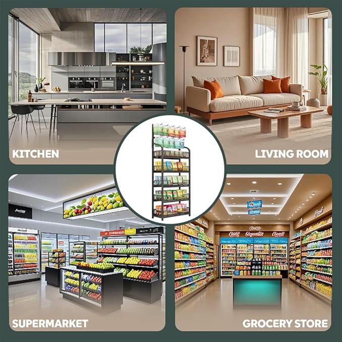 5 Tier Snack Rack Display Stand, Black Chip Rack Display Stand, Candy Display Rack with Hooks, Metal Retail Display Shelves for Store, Kitchen and Office