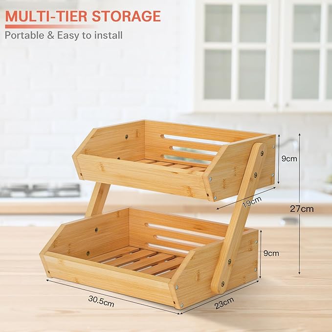 G.a HOMEFAVOR Large Bamboo Fruit Basket, 2-Tier Fruit Bowl for Kitchen Counter, Vegetable Storage Stand for Fruit Shop, 15 mm Thickness (Self-assembly)