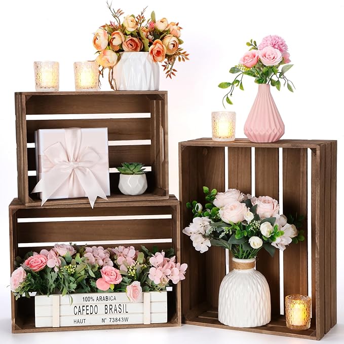 Soaoo 3 Pcs Decorative Nesting Wooden Crates for Storage Display, 3 Sizes Rustic Wood Decorative Storage Crates with Handle Farmhouse Crate Box Container(Stone Gray)