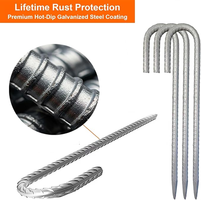 Heavy Duty Rebar Stakes 12-Pack 12-Inch - Hot-Dip Galvanized J-Hook Ground Anchors for High Winds, Trampoline, Fencing, Landscape Fabric - Forged Tip for Rocky & Hard Soil