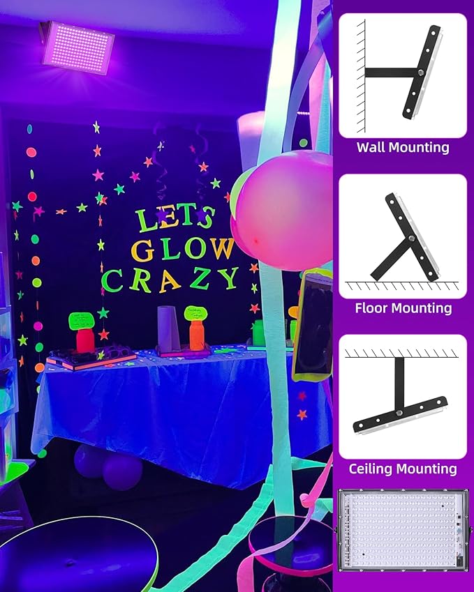 200W LED Black Lights IP66 Waterproof Black Light Outdoor with 10ft Plug+Switch, Flood Blacklight for Halloween Glow in The Dark Party Stage Light Neon Glow Birthday 2 Pack