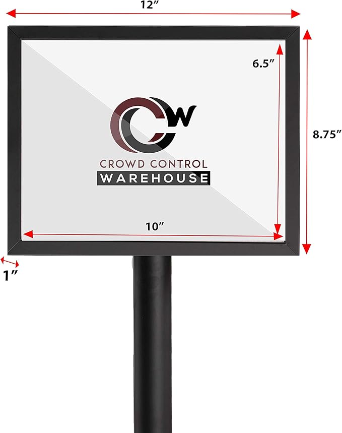 Crowd Control Warehouse Pedestal Standing Floor Sign Frame with Sloped Base, 8.5x11 Inch Horizontal, Polished Stainless Steel