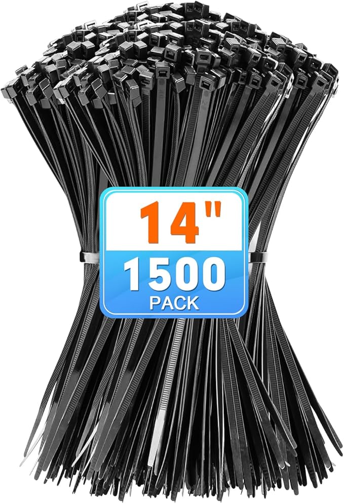 Zip Ties, KAMOTA 1500pcs 14 Inch Heavy Duty Self-Locking Nylon Zip Ties, Black Cable Ties with 50lb Tensile Strength, UV Resistant Cable Tie for Indoor and Outdoor Use