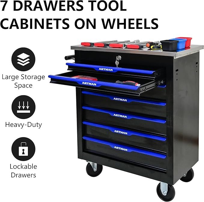 7 Drawer Rolling Tool Chest with Locker, 25.9" D Metal Movable Lockable Tool Cart Box Multi-Functional Hardware Storage Cabinet Box for Warehouse Basement Home Pantry Garage