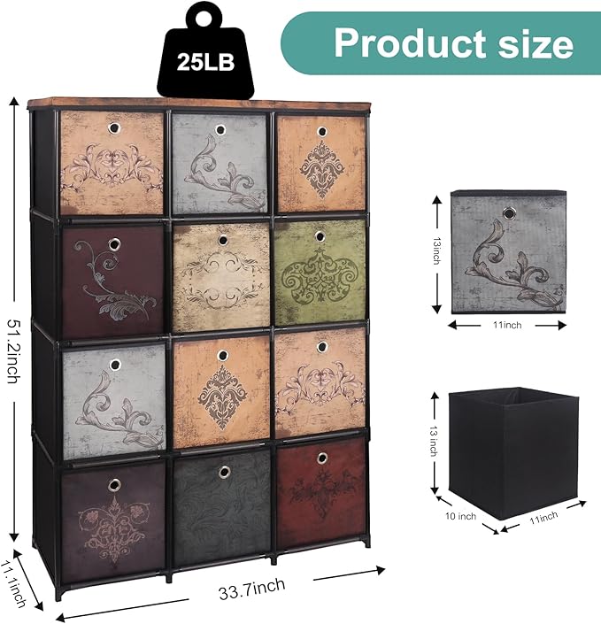 Storage Tower Unit with 12 Drawers, Vintage Floral Cube Organizer Shelf, Tall Fabric Dresser for Bedroom, Closet, Nursery, Hallway, Entryway