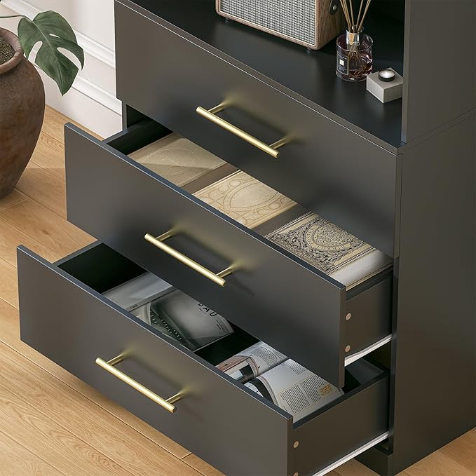 Winkalon 71" Tall Black Bookshelf with Drawers, Bookcase and Bookshelf with 3-Tier Open Shelves, Tall Bookcase Tall Storage Cabinet for Home Office Living Room, 15.8" D x 31.5" W x 71" H
