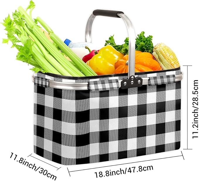 Plaid Collapsible Market Basket, White Black Stripe Leakproof Folding Collapsible Portable Picnic Basket Strong Aluminum Frame for Travel, Shopping, Camping & Lake Trips