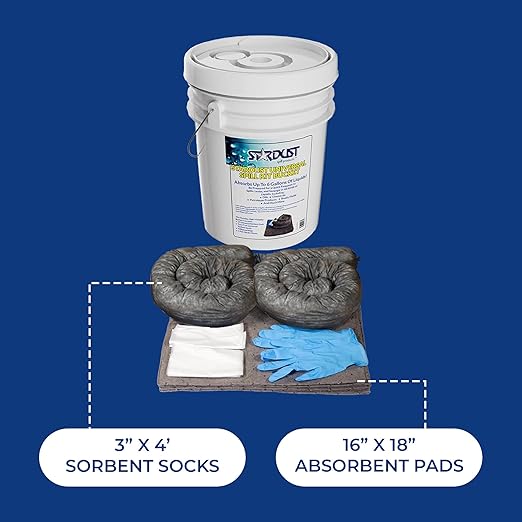 STARDUST Spill Products D905U Universal Spill Kit OSHA Approved - Portable Bucket (15) Universal Sorbent Pads, (2) 3"x4' Absorbent Socks, (4) Disposal Bags & Nitrile Gloves Spill Kit For Fast Response