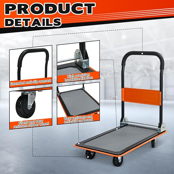 Orange Folding Platform Hand Truck 330 lbs Capacity, Heavy Duty Steel Flatbed Dolly with 360° Silent Wheels, Foldable Push Cart for Warehouse, Home, and Office Use